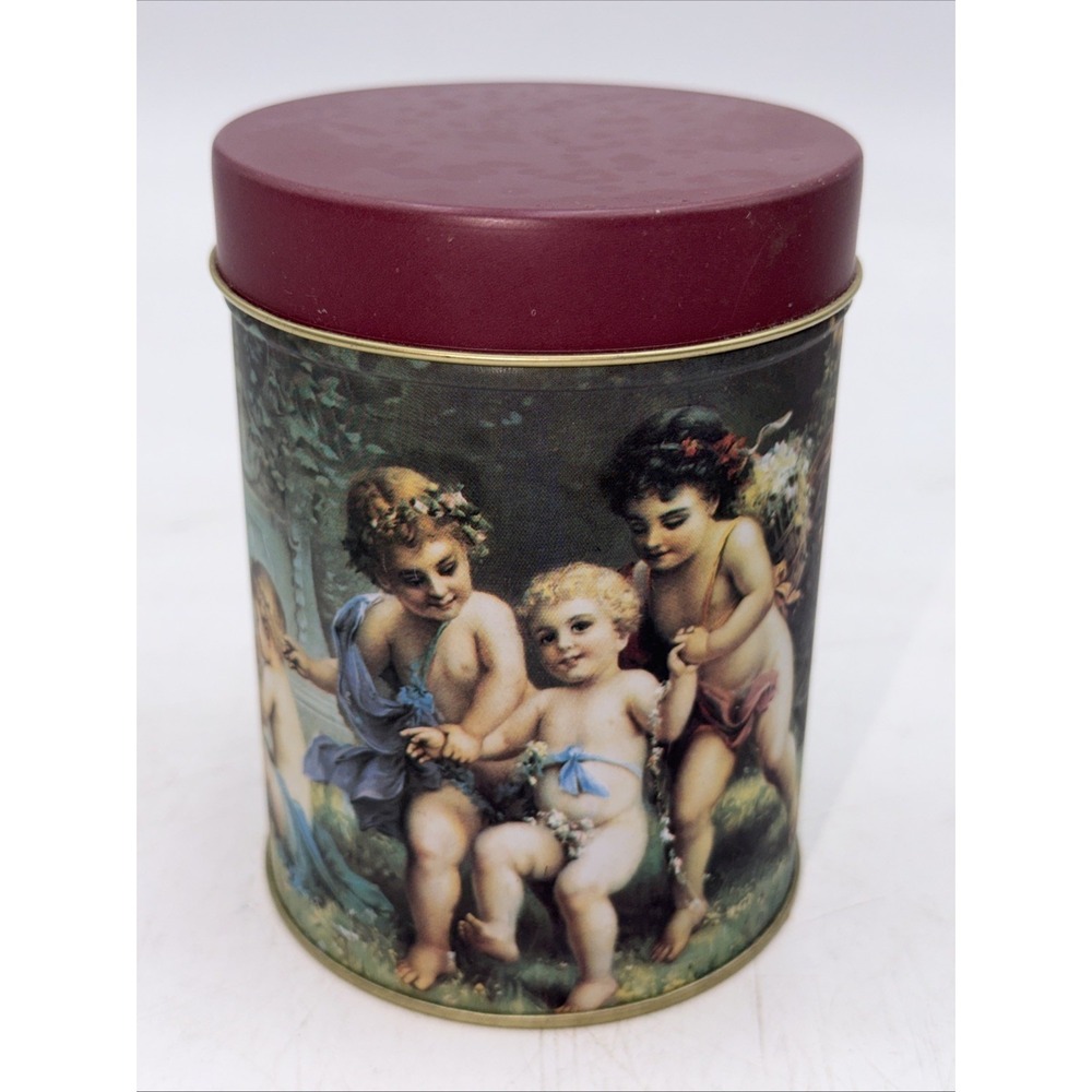 Vintage Tin Container Can Angel Cherub Art Collectible Perfect!